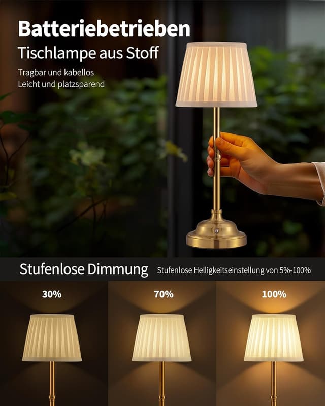 Detalle 2 de VISDANFO kabellose LED-Tischlampe im 2er-Set (dimmbar, Akku 4.000 mAh) in Vintage-Optik – Gold + Beige