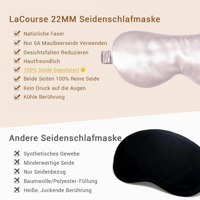 Detalle de LaCourse 22 Momme Schlafmaske aus 100% Maulbeerseide (rosa) – komplett verdunkelnd & weich