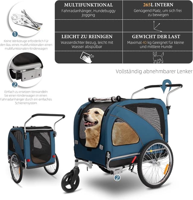 Detalle de Fiximaster XL 2-in-1 Hundeanhänger fürs Fahrrad & Joggen bis 40 kg (mit Handbremse)