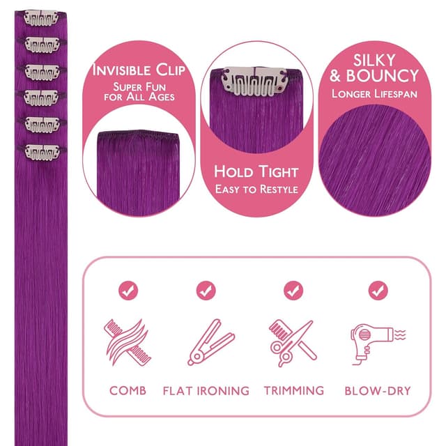 Detalle de WENNALIFE Lila Clip-in Extensions aus Remy-Echthaar (40 cm, 6 Stück/30 g)