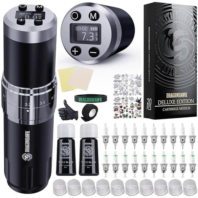 Detalle de Extreme Tattoo Dragonhawk kabellose Rotations-Tätowiermaschine Set mit 2 Akkus & 20 Nadelkassetten