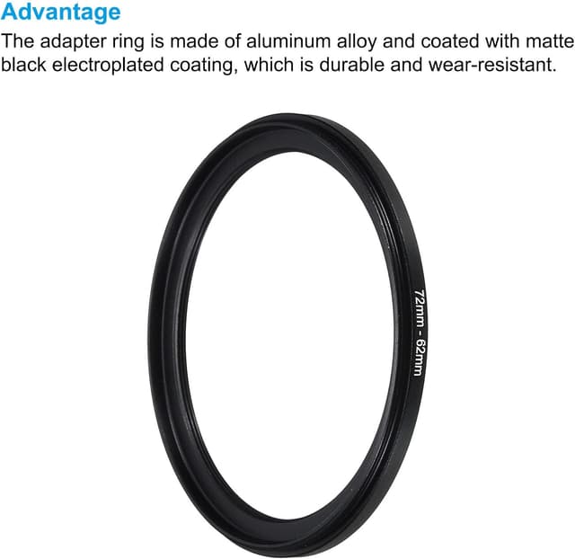Detalle 2 de PATIKIL 72mm-62mm Metal Step Down Ring (2 Pack) with Cleaning Cloth, Black aluminium alloy filter adapter