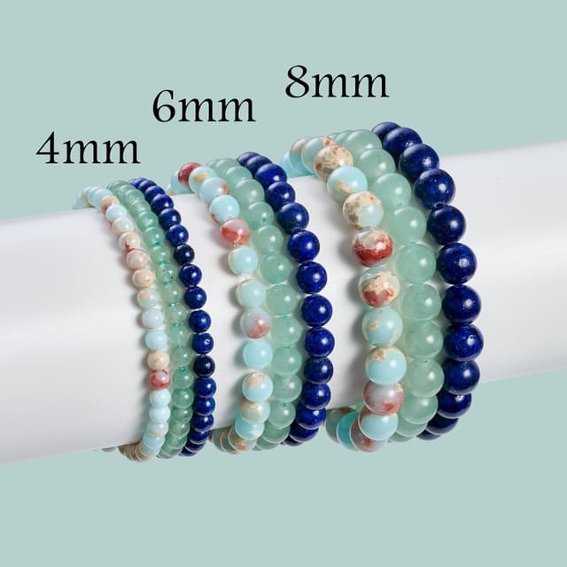 Detalle de Set Bivei da 3 bracciali con pietre naturali: lizardite, green aventurine e lapis lazuli, elastici e fatti a mano