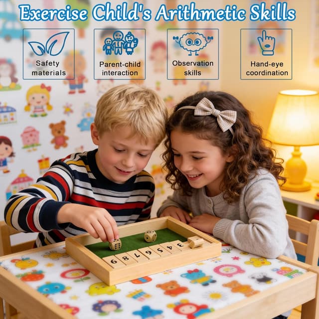 Detalle de Shut The Box Spiel für 2 Spieler (Holz) – Würfel- und Mathematik-Brettspiel zum Reisen