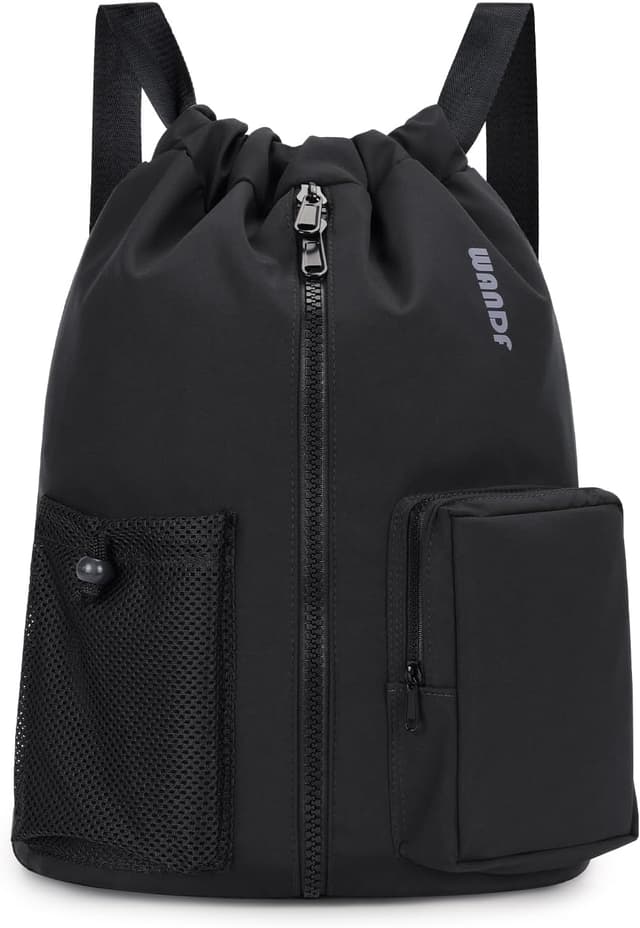 Detalle de WANDF Turnbeutel mit Schuhfach und Nassschutz – Sportbeutel mit Kordelzug, 24 Liter (Schwarz)