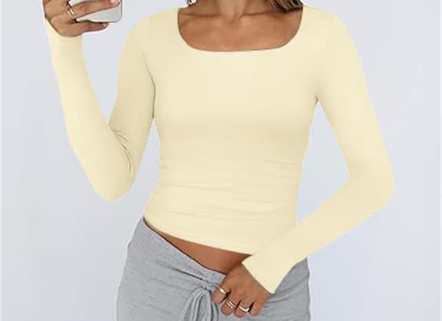 Detalle de OYIGELZ women’s long sleeve square neck crop top in cotton-stretch