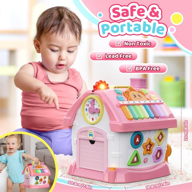 Detalle de Montessori 6-in-1 Multifunktionshaus Baby-Spielzeug (Musik, Uhr, Licht, Telefon, Auto) für Mädchen 1–2 Jahre