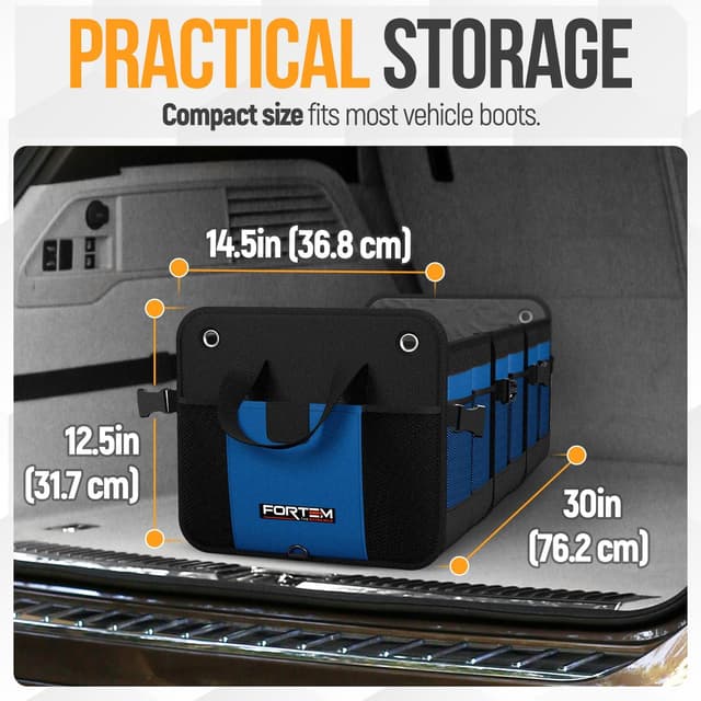 Detalle de FORTEM Car Boot Organiser (Collapsible 90L) for SUV Boot Tidy with Non-Slip Base and Adjustable Straps