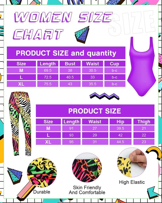 Detalle de BIQIQI 80er Jahre Damen-Set: Retro Trainingsanzug Kostüm mit Trikot, Leggings, Stirnband & mehr