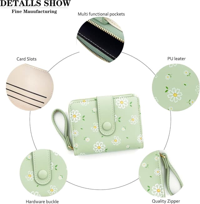 Detalle 2 de LZSXDWXY Damen-Geldbörse mit Blumenmotiv, außen Reißverschluss und Kartenfächer