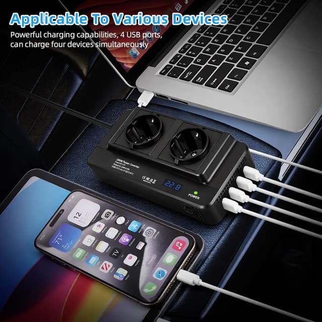 Thumbnail 6 de URAQT Convertisseur 12V CC vers 230V CA 200W pour voiture avec 2 prises AC et 4 ports USB (QC 3.0)