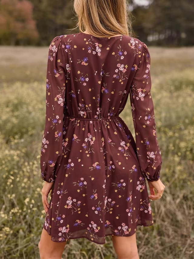 Detalle de Cupshe abito autunnale in chiffon da donna mini a trapezio con maniche lunghe a sbuffo e scollo a V