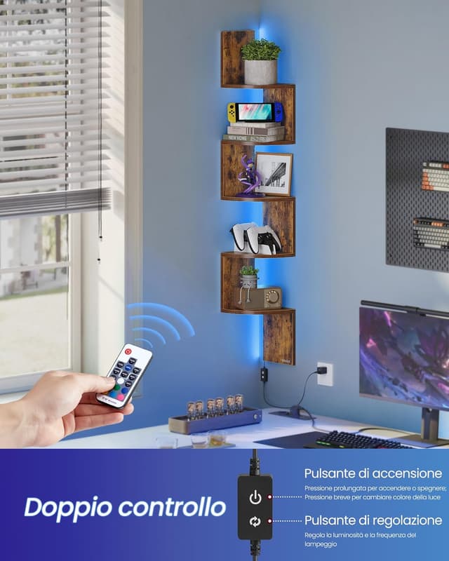 Detalle 2 de VASAGLE LBC630K01 Mensola angolare da parete con luci LED RGB, 5 ripiani e telecomando