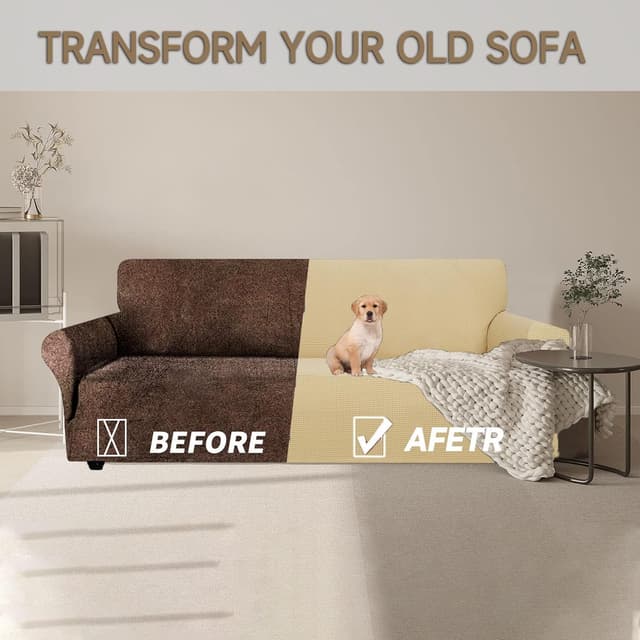 Detalle 2 de Ystyle Housse de canapé extensible 4 places avec accoudoirs, beige jaune