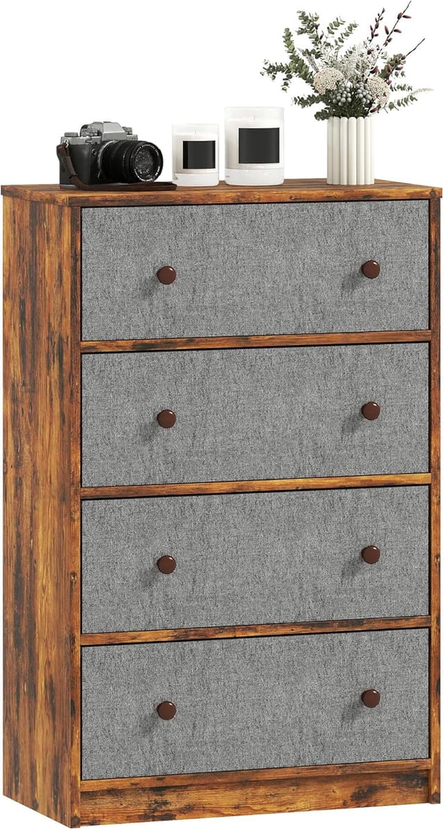 Detalle de HOMCOM 4-Drawer Fabric Chest of Drawers with Steel Frame (Grey & Rustic Brown)