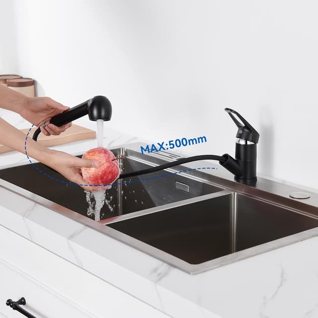 Detalle de AuraLum Rubinetto cucina doccetta estraibile nero moderno, monocomando girevole 360° con 2 getti