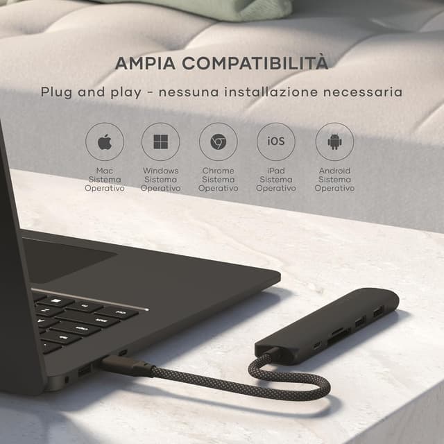 Detalle de SATECHI Hub USB-C 6 in 1 Slim Plus con ricarica PD fino a 100W, HDMI 4K@60Hz e lettori SD/microSD