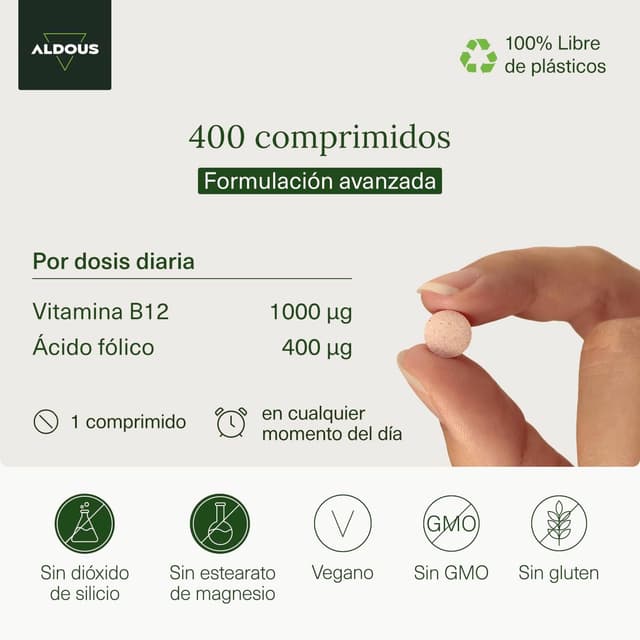 Detalle de Vitamina B12 Vegana y Ácido Fólico 400 Comp. 🌱