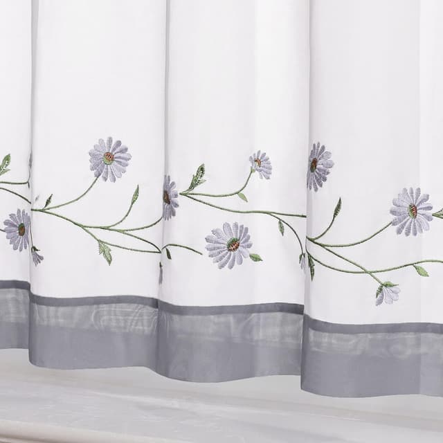 Detalle de Rideau brise-bise brodé Yujiao Mao, petites marguerites grises, semi-transparent (60x120 cm)
