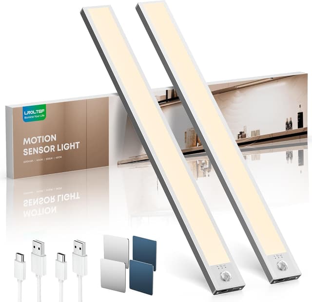 Detalle de LROLTEF Under Cabinet Kitchen Lights Motion Sensor, 40cm 4000K LED USB-C Rechargeable (2 Pack)