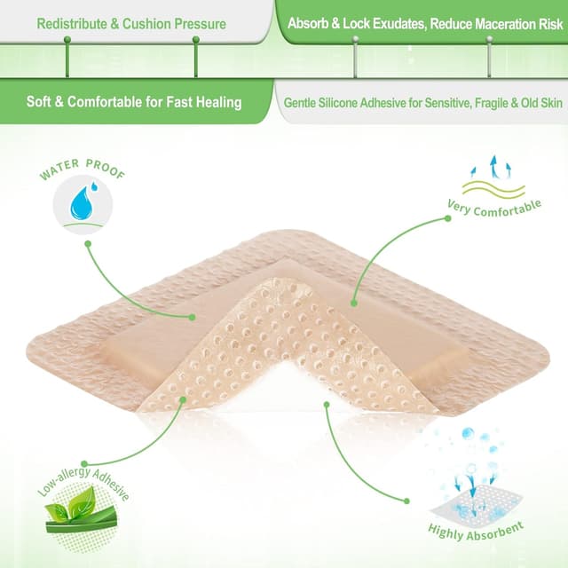 Detalle de NeuHeils Silicone Adhesive Foam Dressing 3''x3'' (10 Packs) for Bed Sore & Diabetic Ulcer Wounds