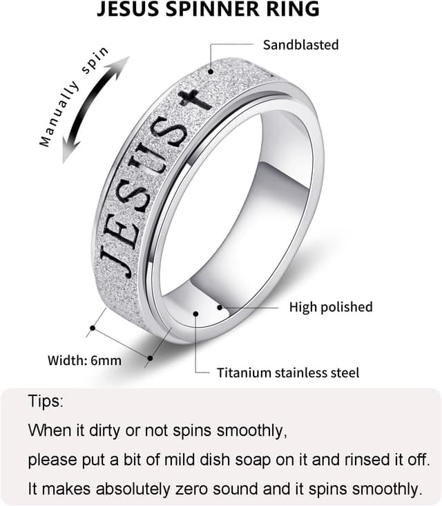 Detalle 2 de OreilleStar Cross Spinner Anxiety Ring for Women (Stainless Steel) — Fidget Thumb Ring, Sizes 5–10