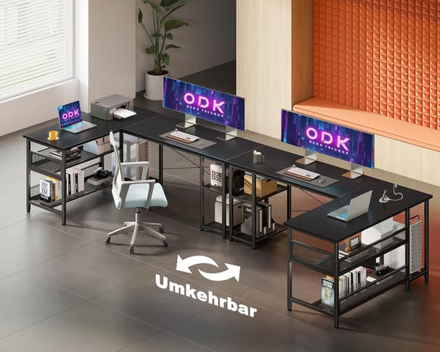 Detalle 2 de ODK Gaming Tisch (Eckschreibtisch) 150×102 cm – reversibel mit 2 Steckdosen & 2 USB-Ladeanschlüssen