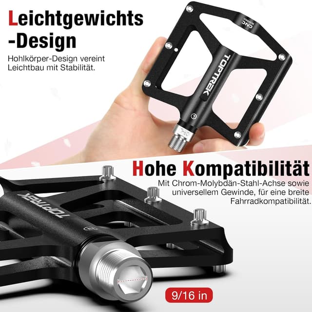 Detalle de toptrek CNC-Aluminium Fahrradpedale (MTB/9/16 Zoll) mit 3 abgedichteten Lagern und rutschfesten Pins