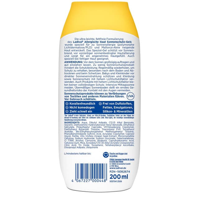 Detalle de Ladival Sonnenschutz Gel LSF30 für allergische Haut (200 ml) – wasserfestes Gel bei Sonnenallergie