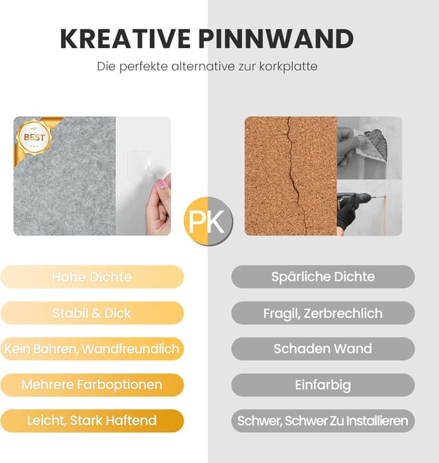 Detalle de Large Kork-Bulletin Board 90x60 cm – Filz-Wandfliesen im 6er-Set mit 30 Steckpins & abnehmbaren Klebetabs