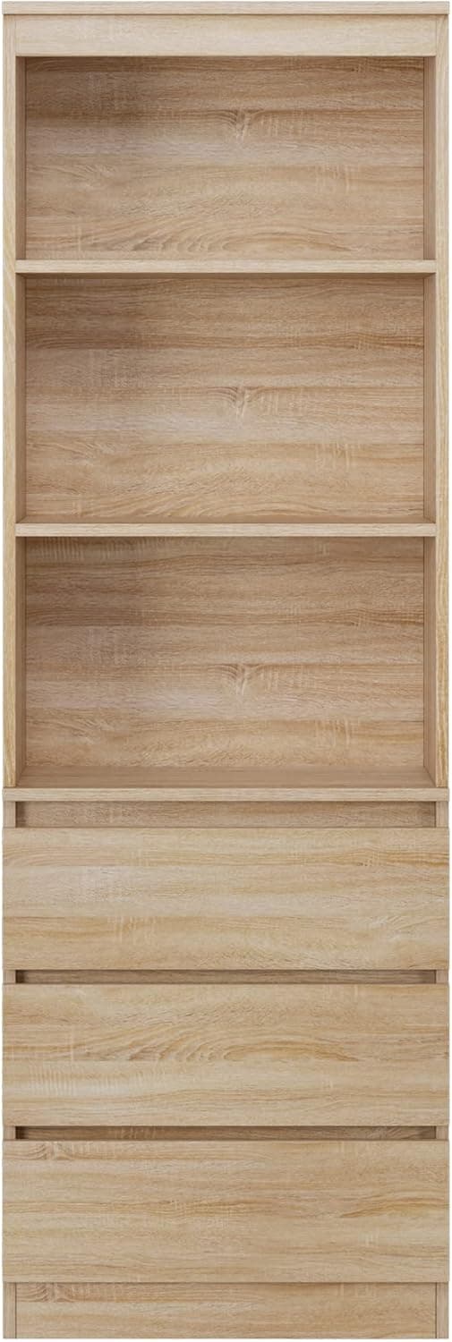 Thumbnail 6 de FirFurd Bibliothèque haute chêne autoportante avec 3 étagères et 3 tiroirs, 60x35x180 cm