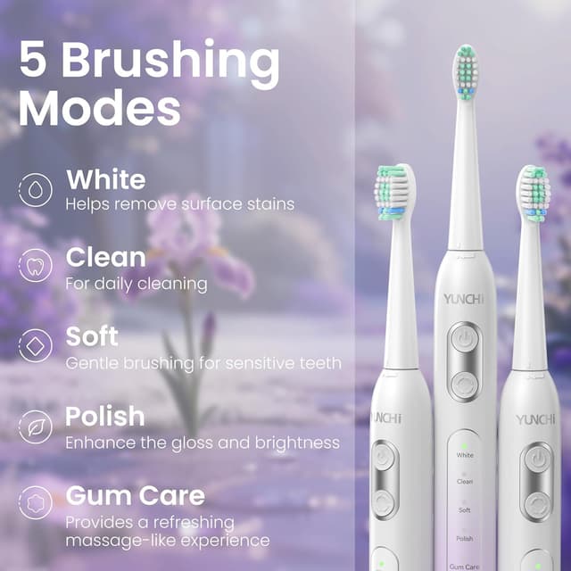 Detalle de YUNCHI C2 Electric Toothbrush (Purple White Gradient) – USB-C rechargeable sonic brush with 5 modes and 8 heads