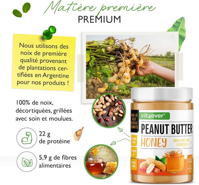 Detalle de Beurre de cacahuètes Honey 1 kg : purée naturelle aux protéines (sans sel, sans sucre ajouté)