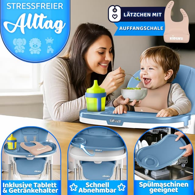 Detalle 2 de KIDUKU Hochstuhl Baby 3in1 klappbar mit Liegefunktion, Neugeborenenaufsatz und Spielbogen (0–36 Monate)