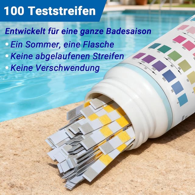 Detalle de Joyzakzak 7-in-1 Pool-Teststreifen: pH & Chlor/Cyanursäure für Pool und Whirlpool (100 Stäbchen)