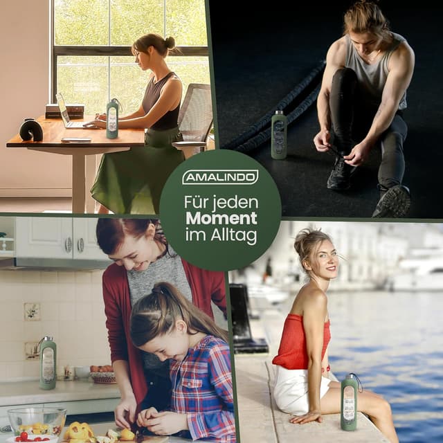 Detalle de Amalindo Trinkflasche Glas 1L (kohlensäuregeeignet) mit Bürste & Silikonhülle – Olivgrün