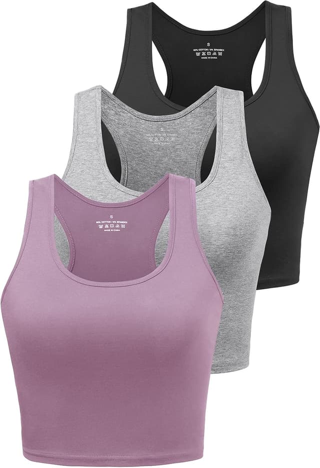 Detalle de Porvike Sports 3-Pack Women’s Crop Tank Tops (Racerback) in Cotton Blend