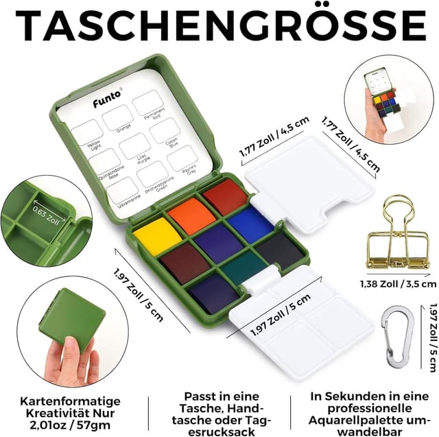 Detalle de Funto Faltbares Taschen-Wasserfarben-Set mit 2 Paletten und Lederhülle (9 Farben) – Reise-Skizzenkit