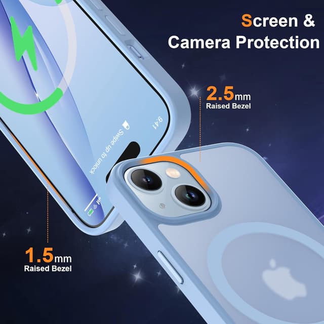 Detalle de ORETECH Magnetische Hülle für iPhone 15 Plus – mit Mag-Safe, stoßfestem Schutz und 2x Display-Schutzglas (Sierra Blau)