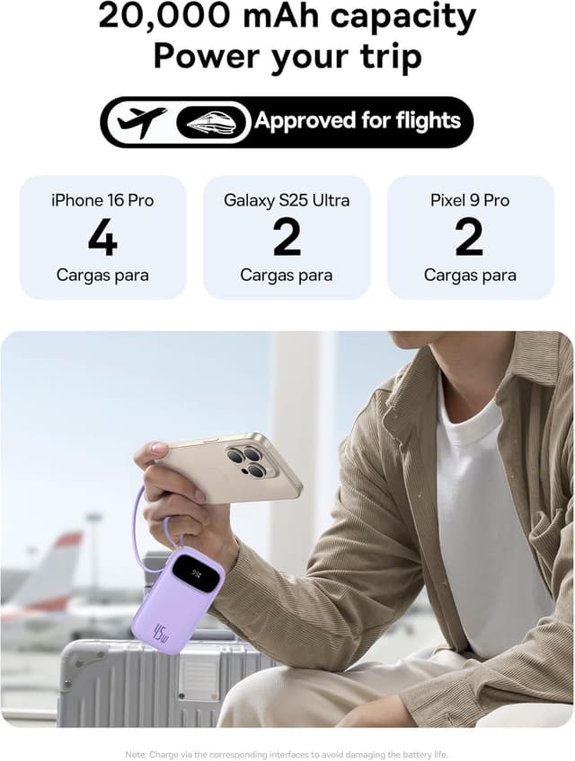 Detalle de Baseus Powerbank 45W 20000mAh con Cables USB-C Rápido 💜