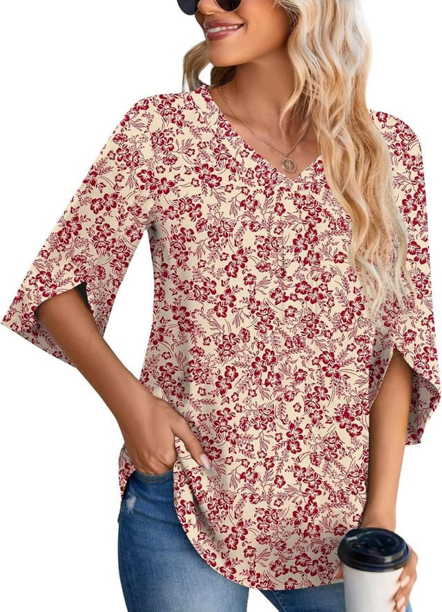 Detalle 2 de Aodemo women’s chiffon blouse V-neck tunic with 3/4 sleeves (loose office-to-casual top)