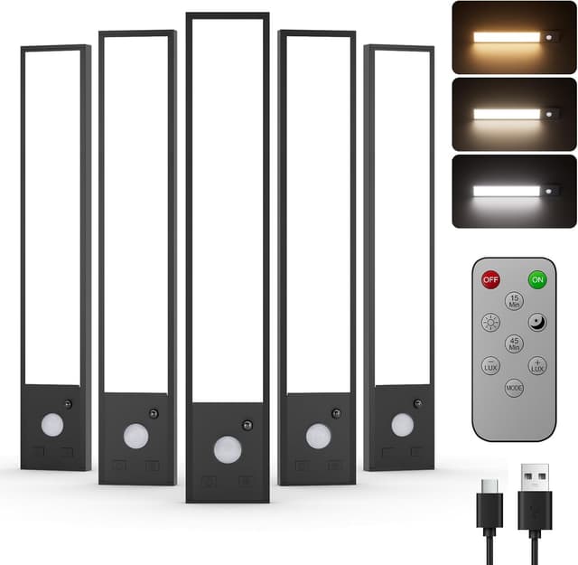 Detalle de Tnight 5er Set 20 cm Schranklicht mit Bewegungsmelder, dimmbar (7 Helligkeitsstufen) und USB-C Akku