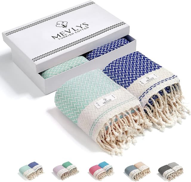 Detalle de MEVLYS Saunatuch & Hamamtuch im 2er-Set aus vorgewaschener türkischer Baumwolle (Mint/Sax Blau) – Strand-, Yoga- und Picknicktuch