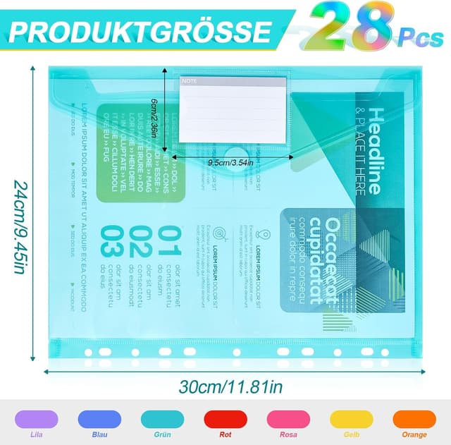 Detalle 2 de Dokumententasche A4 (28 Stück) – wasserdichte Sammelmappen mit 11-Loch-Rand, Klettverschluss & Etikettentasche