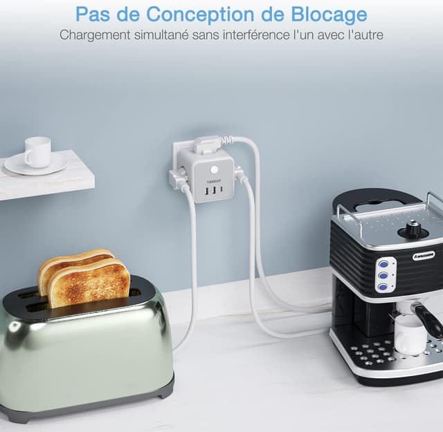 Detalle de TESSAN 6 en 1 chargeur mural USB avec multiprise française et 3 ports USB C/A, interrupteur et boîtier cube