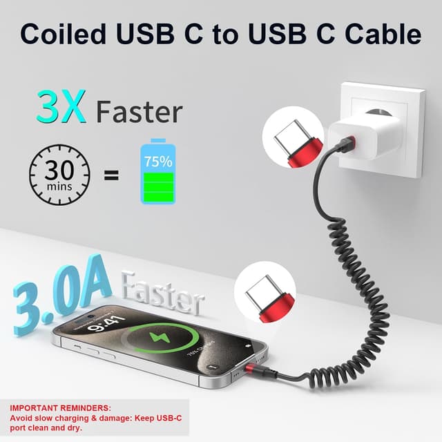 Detalle 2 de Coiled USB C to USB C Cable 3ft