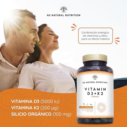 Detalle de N2 Natural Nutrition Vitamina D3 y K2 (MK7) 5000 UI + 200 µg, con Silicio y Bamboo. 150 cápsulas