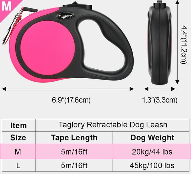 Detalle de Taglory Retractable Dog Lead 5 m (Extendable No-Tangle Nylon Tape) – Pink, up to 20 kg