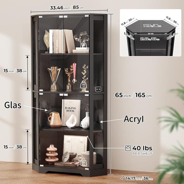 Detalle 2 de BROTTAR Eckvitrine mit Glastüren 165 cm (Eckregal, LED 3 Farben & Sensor) in Schwarz