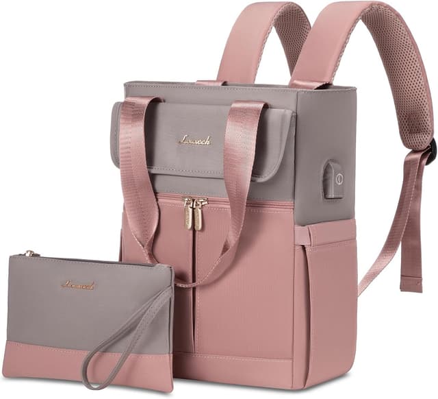 Detalle de LOVEVOOK Damen Klein-Rucksack im City-Format mit 3 Fächern, wasserdicht – grau-rosa